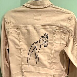 ONE OF A KIND, Hand-Embroidered, Pale Pink Stretch Denim, very badass ART JACKET